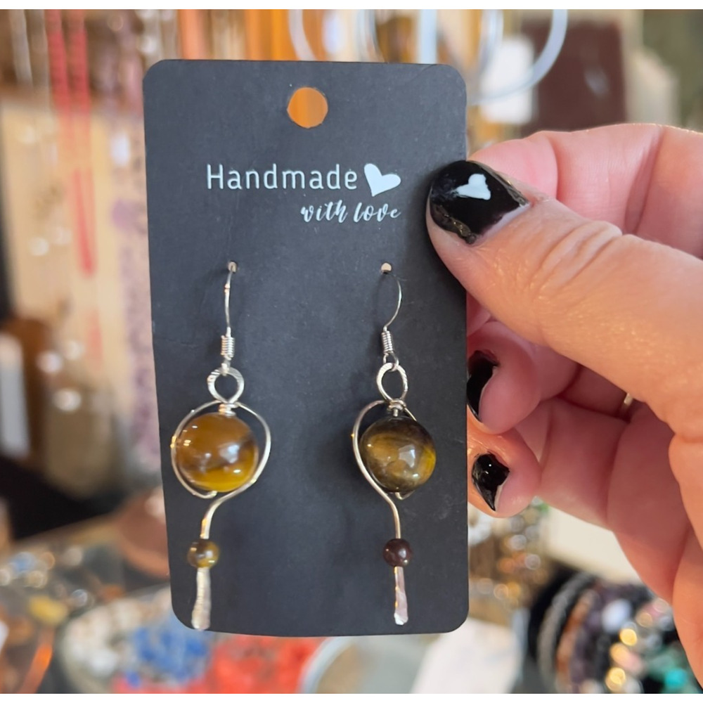 Artisan Made Hand Crafted Sterling Silver Tigers Eye Dangle Drop Earrings OOAK